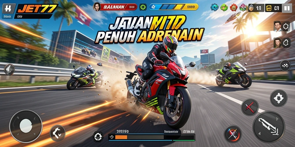 Screenshot gameplay JET77 dengan aksi balapan motor yang intens.
