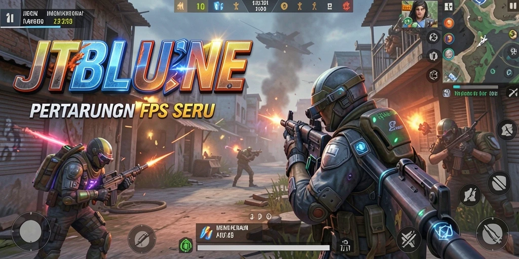 Gameplay JTBLUE yang mendebarkan dengan aksi tembak-menembak.
