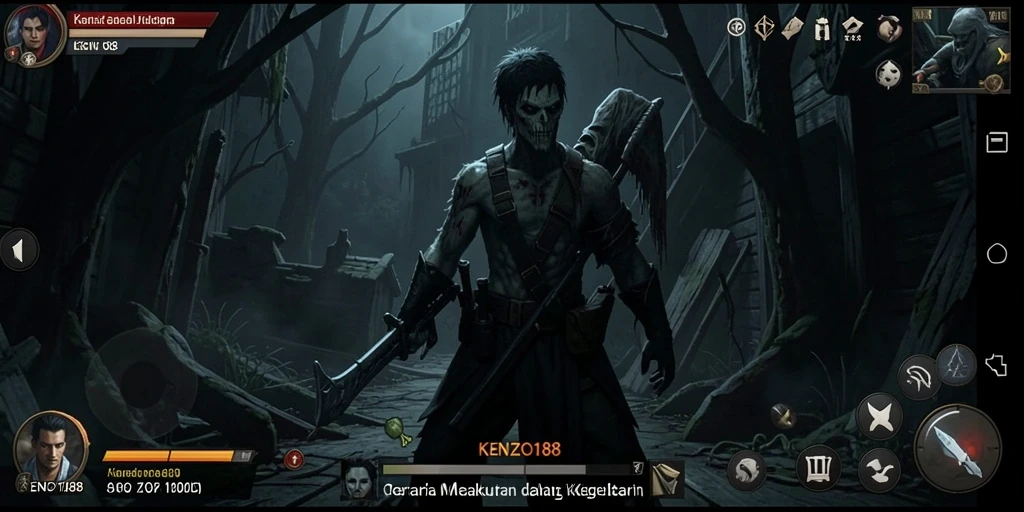 Gameplay KENZO188 menampilkan suasana menyeramkan dan mencekam.