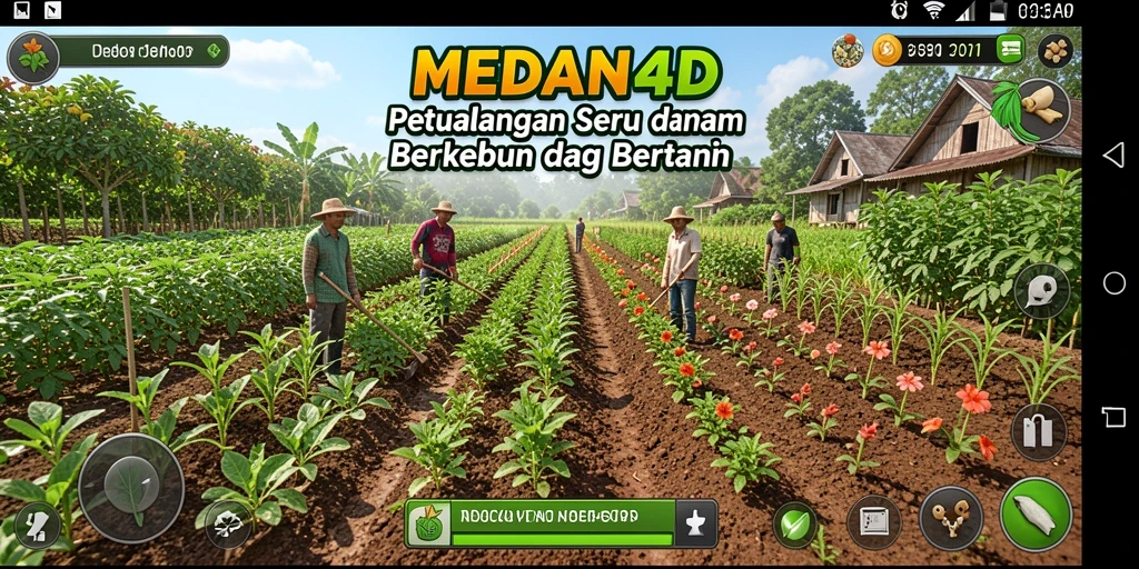 Screenshot gameplay MEDAN4D menampilkan kebun yang subur dan hewan ternak.