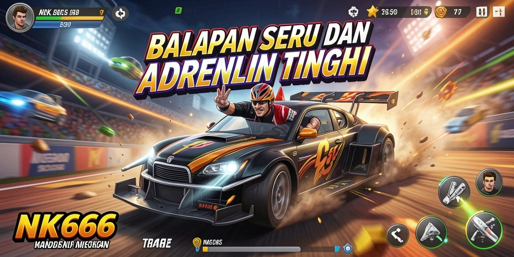 Gameplay intens balapan dengan mobil kencang dan trek menantang.