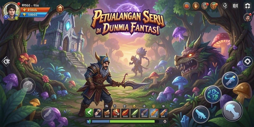 Tampilan utama gameplay RR666 menunjukkan petualangan seru di hutan lebat.